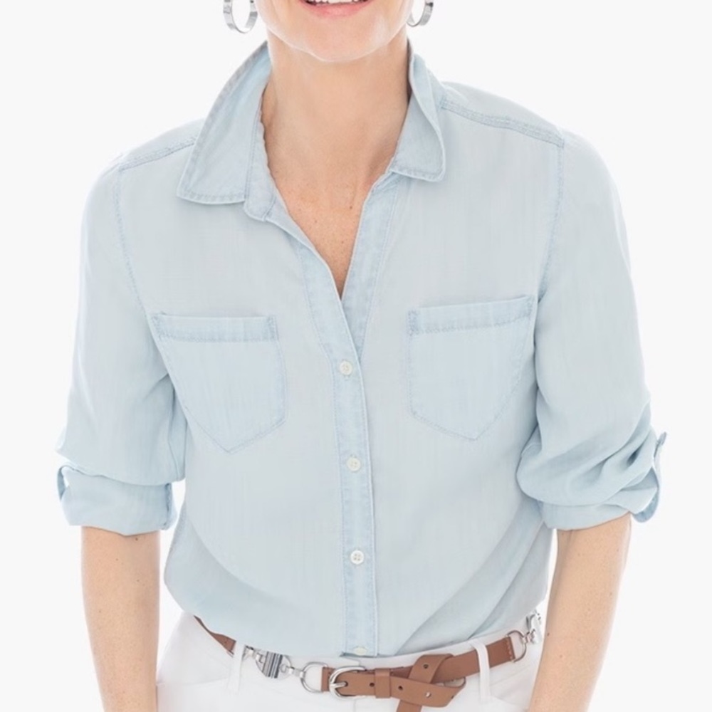 Chico’s Essential Light Wash Button Down Denim Shirt Size 1